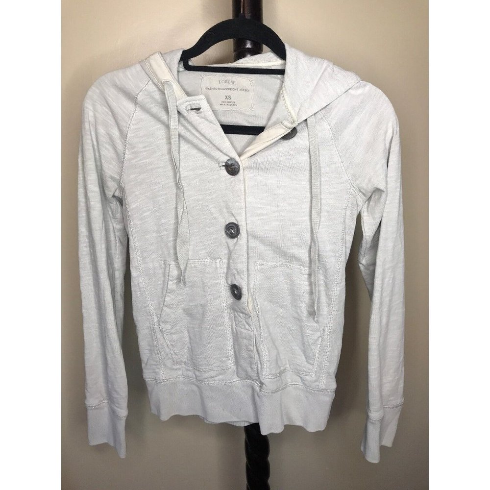 J Crew Women's Sz XS Light Gray Button Hoodie Heavyweight Jersey Cotton